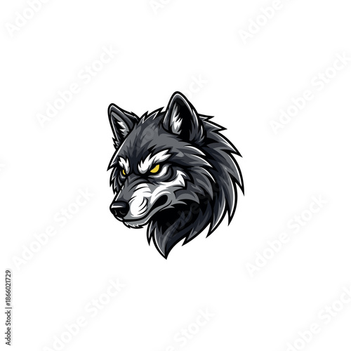 Vector illustration of a black wolf head with yellow eyes.