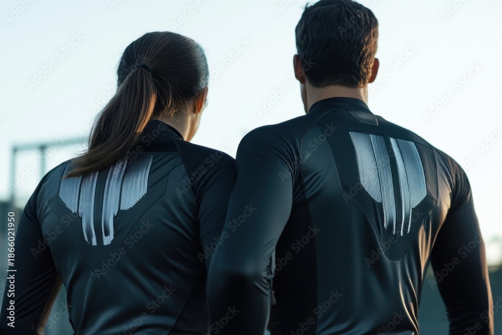 Fototapeta premium Couples training in performance gear at sunset during an outdoor workout session
