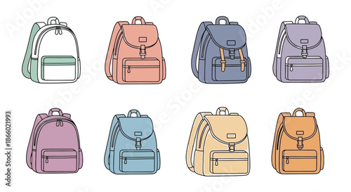 Colorful collection of sketched backpacks in various styles and pastel shades