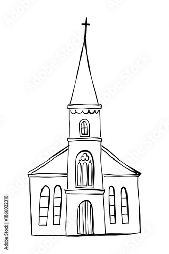 Sketch Christian Church building illustration. Hand drawn vector facade of religious church building isolated on white background