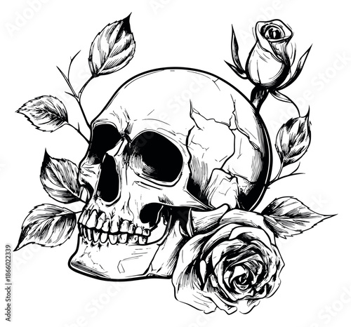 Hand drawn line art illustration of a skull depicting roses and leaves for gothic or tattoo art
