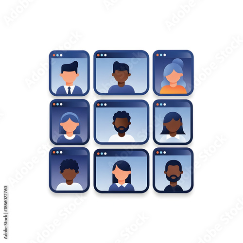 Virtual Meeting Participants Displayed in a Grid of Video Conference Windows, Diverse Individuals Connecting Online