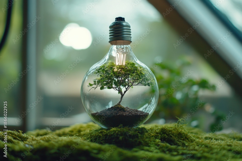 custom made wallpaper toronto digitalGreen Tree Growing Inside Light Bulb on Moss Symbolizing Eco-Friendly Energy and Environmental Sustainability
