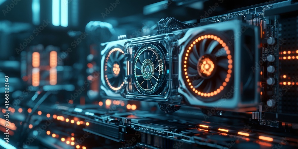 Obraz premium High-performance computer hardware components with cool blue and orange lighting. Modern technology on a desktop.