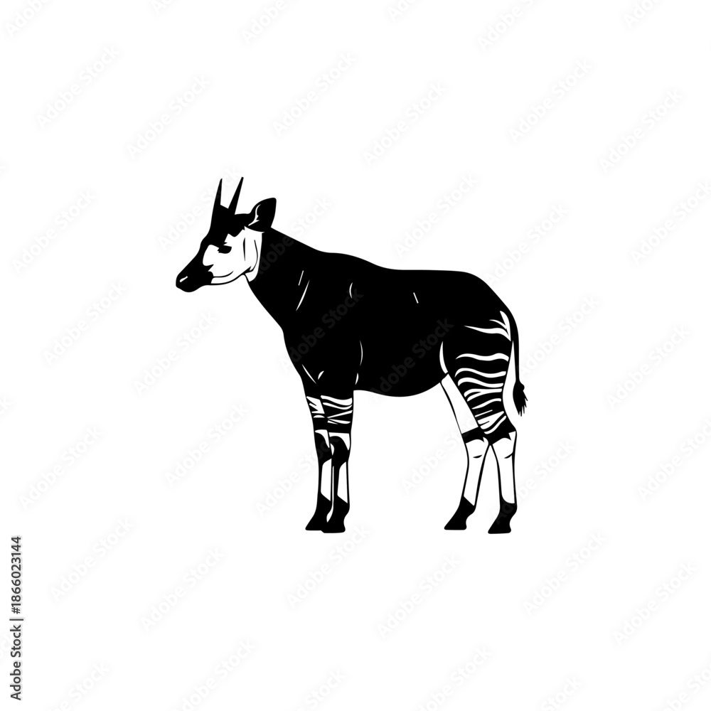 Obraz premium A striking black and white illustration of an okapi, a shy forest-dwelling mammal native to the northeast Democratic Republic of the Congo in Central Africa.