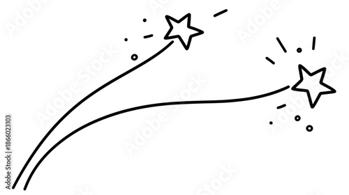 Black and white hand-drawn illustration of two glittering shooting stars, a whimsical celestial doodle representing wishes and dreams.