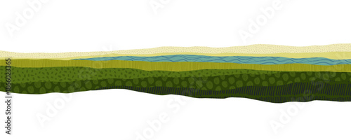 Collage torn paper agriculture background with patterns and textures. Hand drawn oriental or Tuscany meadow fields. Farmland layout with text place. Rural views of Vietnam, Thailand, or Tuscany.