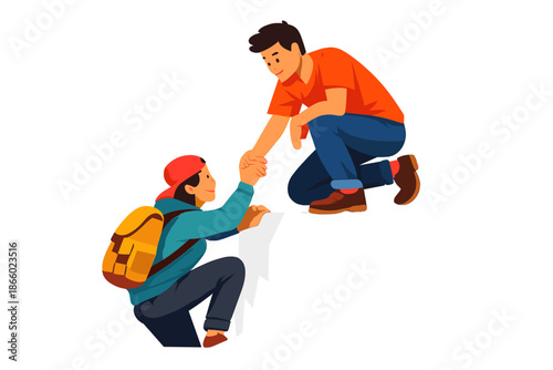 Man helping person climb up a ledge