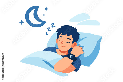 Boy sleeping peacefully with smart watch and moon.