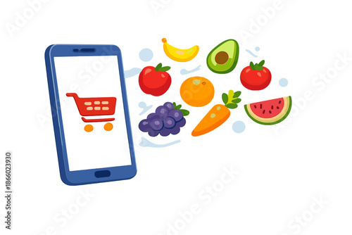 Online grocery shopping concept with fruits and vegetables