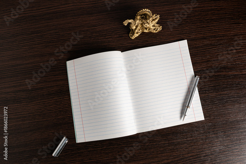 Open lined notebook with pen on wooden table