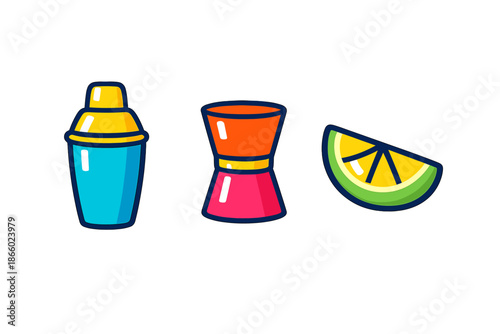 Cocktail Shaker, Jigger, and Lime Slice Icons