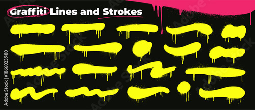 Spray paint yellow urban lines and strokes for street art design and emphasize text. Graffiti brush strokes, yellow spraypaint lines with drips and paint splatters. Hand drawn urban style highlights.