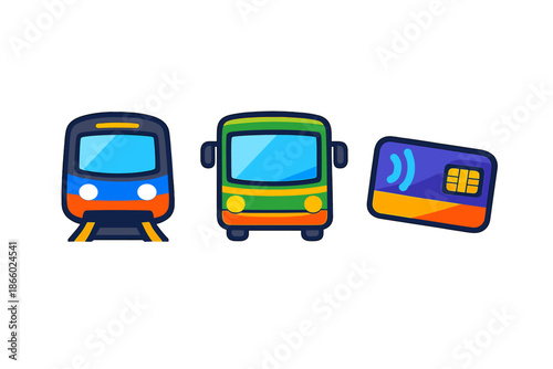 Public transport icons: train, bus, and contactless payment card