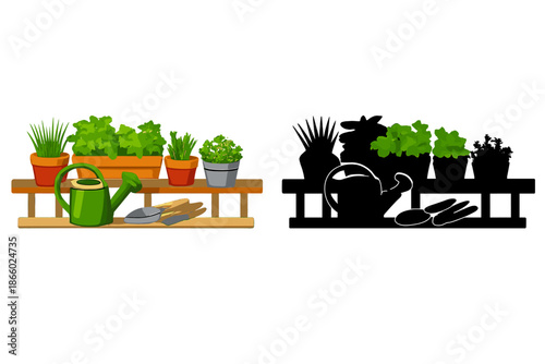Gardening shelf with watering can and plants