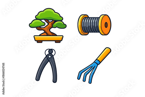 Bonsai tree with gardening tools and wire spool icons