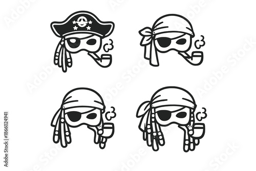 Four cartoon pirate skulls with pipes and eye patches