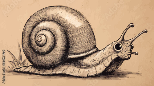 Detailed hand-drawn snail illustration with a spiral shell and expressive eyes on a vintage sepia background, nature artwork.
