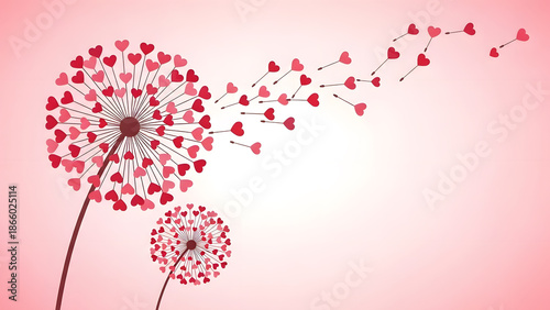 Vector illustration of dandelions composed of red and pink hearts | Romantic Valentine's Day background graphic with blowing heart seeds | Abstract love flower design on soft pink gradient backdrop