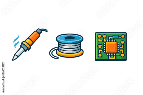 Soldering iron, solder spool, and circuit board icons