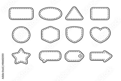 Collection of blank white badges with dashed outlines