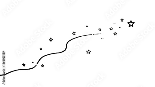 Sparkling wavy line with stars, magical decorative element, cosmic trail, black and white doodle vector illustration