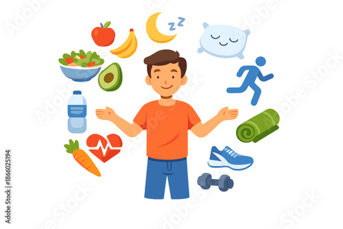 Man surrounded by healthy lifestyle icons