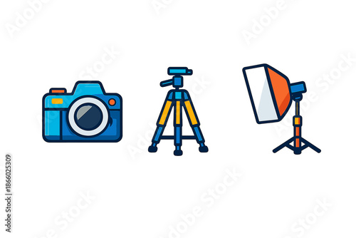 Photography Icons: Camera, Tripod, and Lighting Setup