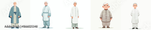 Vector of grandfather wearing Tang Suit clothes. Vector, minimalist, illustration, icon set.