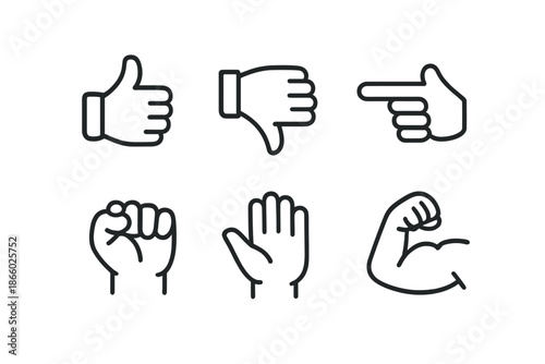 Six hand gesture icons on a yellow background