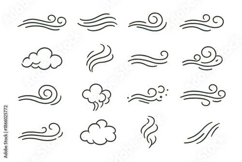 Set of stylized wind icons on a golden background