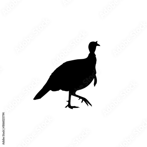Black silhouette of a wild turkey walking on a white background, side view, simple graphic illustration.