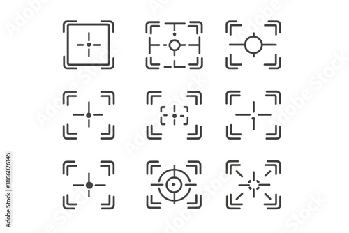 Collection of nine different targeting reticles on a gray background