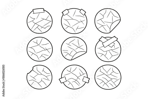 Cracked Circle Icons with Tape and Folds