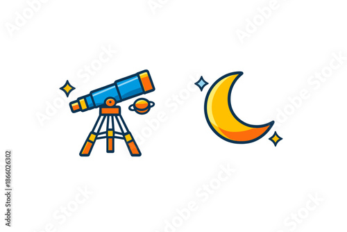 Astronomy icons - telescope and crescent moon
