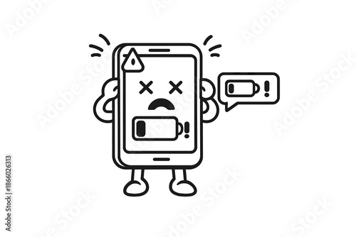 Cartoon phone with low battery, sad face and warning sign