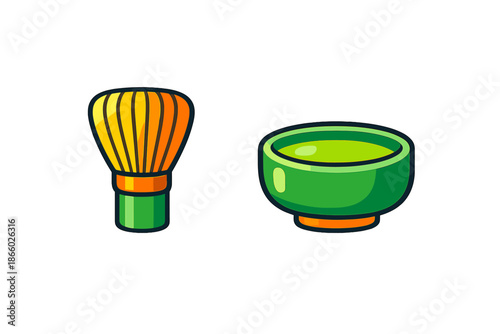 Matcha whisk and bowl icon on dark background