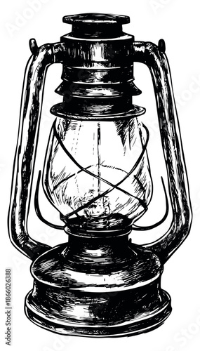 Hand drawn line art illustration of an old kerosene lantern depicting a rustic light source for traditional camping and outdoor themes