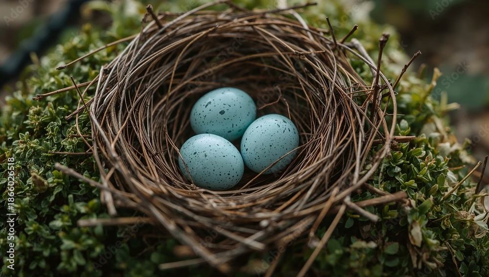 Obraz premium A close-up view of three blue eggs nestled within a bird's nest. The nest is made of twigs and sits atop a bed of green moss, suggesting a natural and serene setting