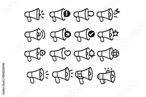 Collection of megaphone icons with various alerts and notifications