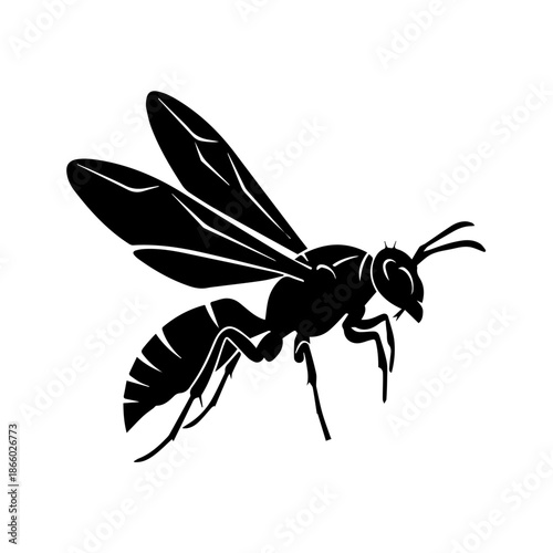 Black silhouette of a flying wasp with detailed wings and body on a white background, captured in a side profile.