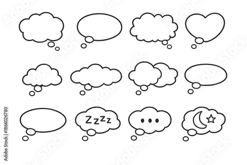 Collection of 12 white thought bubbles on a dark, textured background