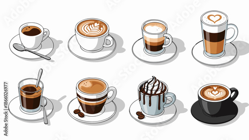 Isometric vector illustration of assorted coffee beverages in cups and saucers, isolated on white background