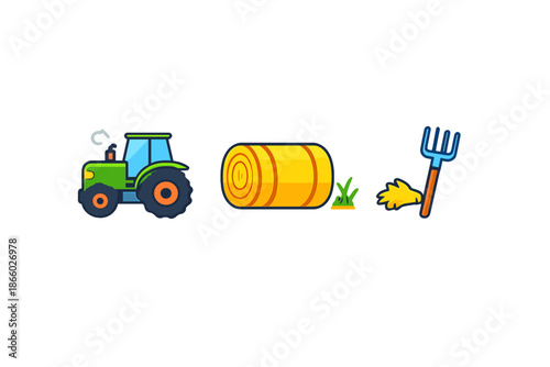 Farm objects with tractor, hay bale and pitchfork
