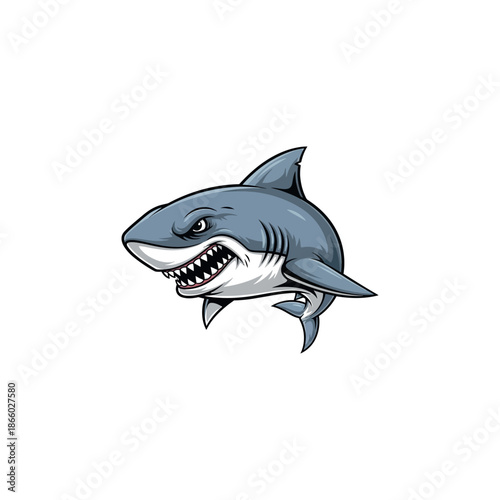 Cartoon illustration of a great white shark with sharp teeth.