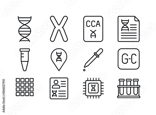 Genomic Medicine Icons. Genomic medicine. Line icon set of genomic medicine: DNA strand, chromosome icon, gene sequence, genetic report, PCR tube, gene marker,