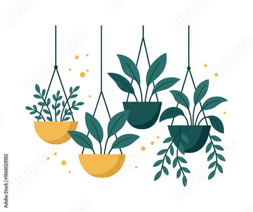 Hanging Planters Paradise. Hanging planters paradise. A series of hanging pots sway gently, leaves forming rhythmic arcs. Sunlit particles float like warm