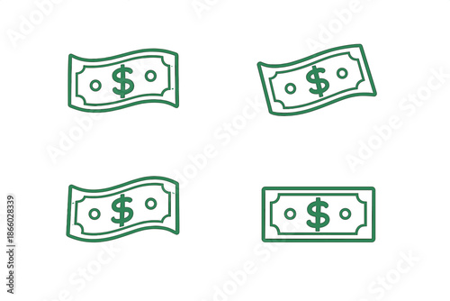 Four stylized dollar bills with glowing outlines