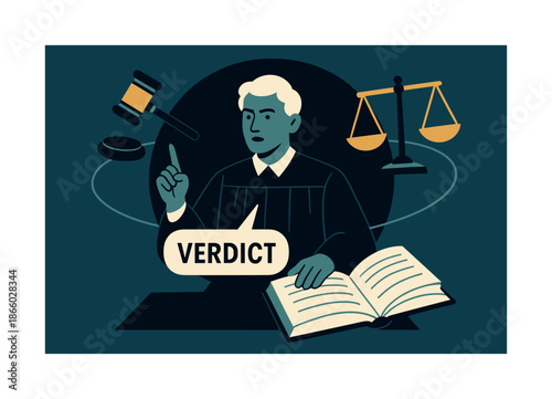 Judgment and Justice. Final judgment. The gavel, scales, and an open law book orbit around the judge as the verdict is spoken. A bold, symbolic rendering of