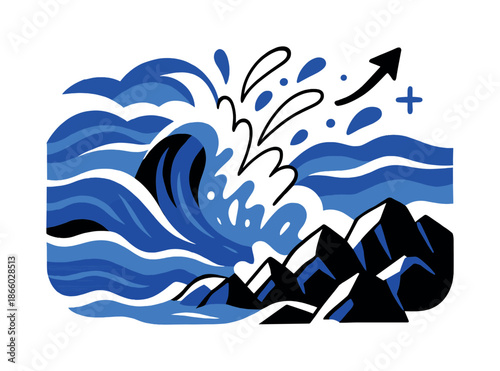 Dynamic Ocean Waves. Crashing surf. Multiple layers of ocean waves collide against rugged rocks, droplets and mist flying upward in stylized arcs. Raw energy